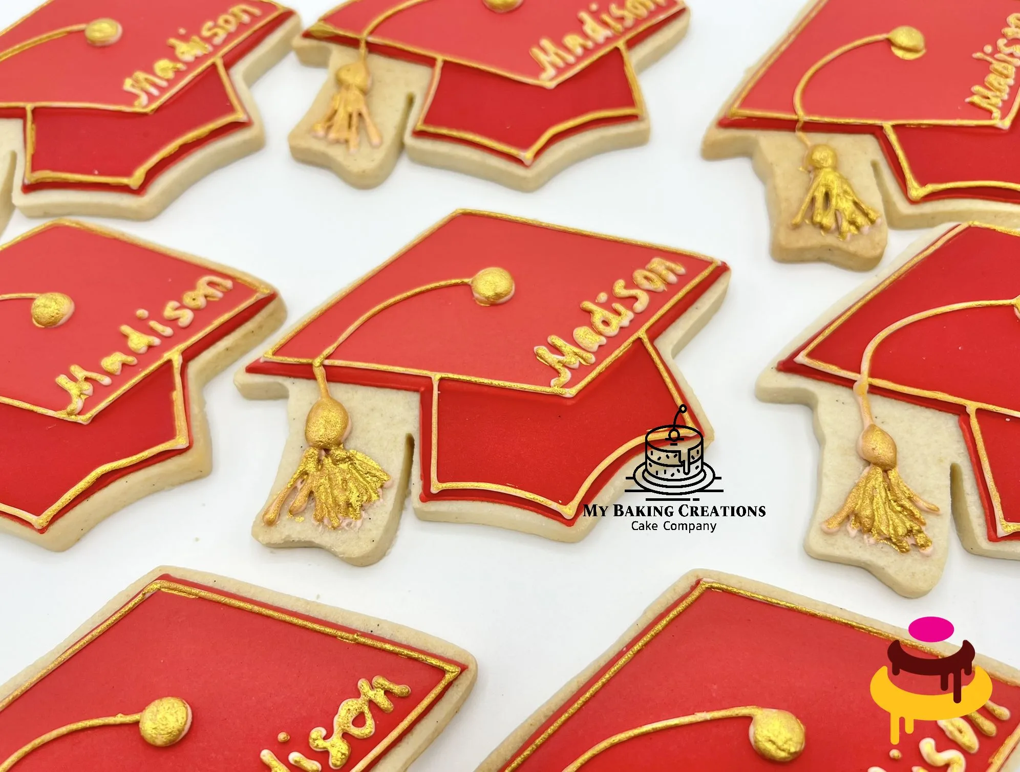 Custom hand-piped graduation cap cookies San Francisco Bay Area